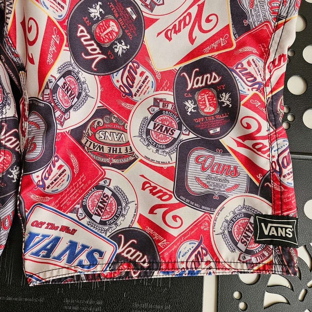 Vans Retro Beer Label Board Shorts Mens 30 (32) All Over Print Swim Trunks